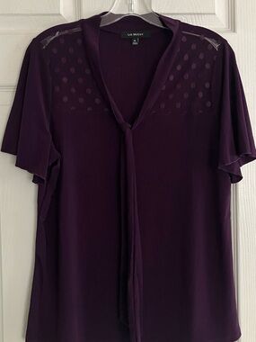 Liz McCoy Purple Tie-Neck Dot-Yoke Blouse Size XL
